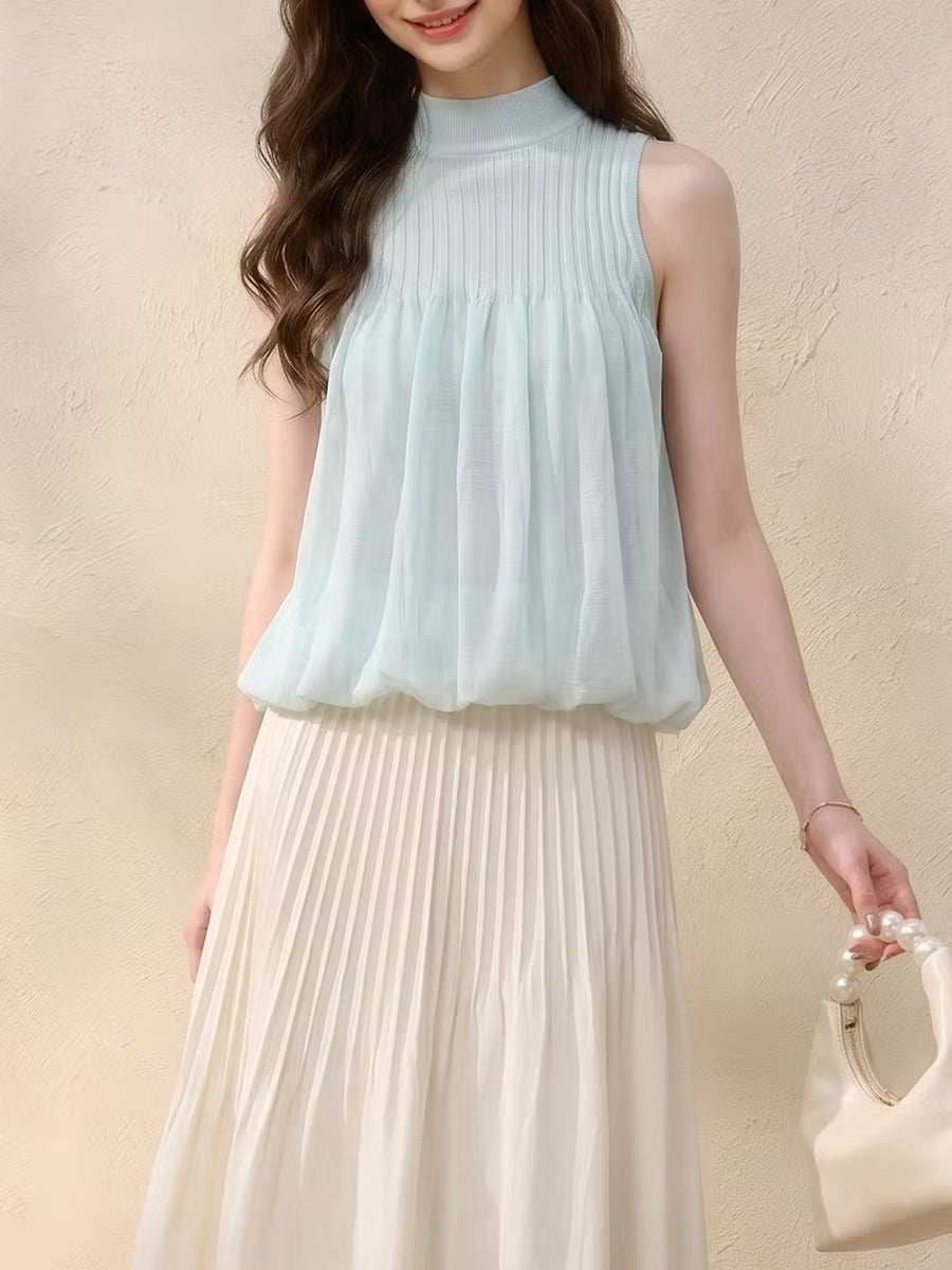 Mock Neck Sleeveless Casual Blouse Top