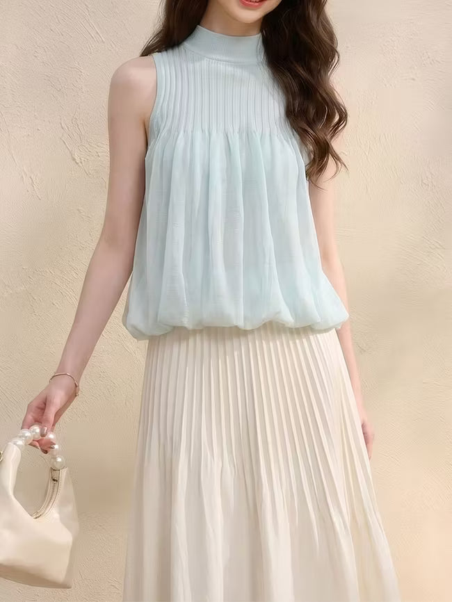Mock Neck Sleeveless Casual Blouse Top