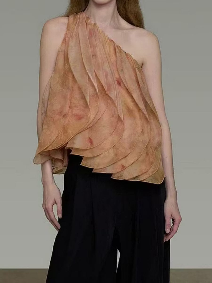 Draped One‑Shoulder Art Printed Blouse
