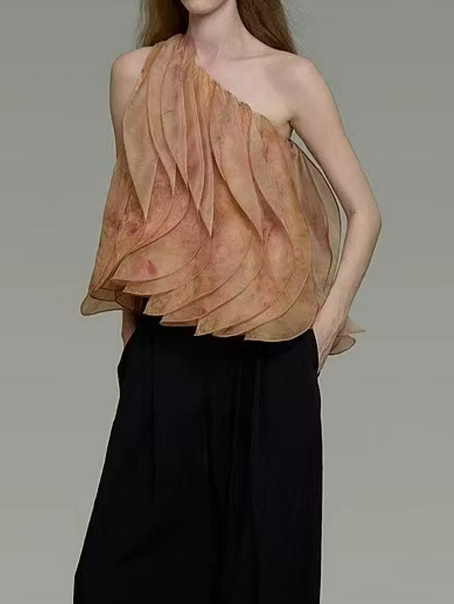 Draped One‑Shoulder Art Printed Blouse