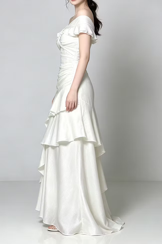 Off‑Shoulder Tiered Ruffle Twist Formal Maxi Gown