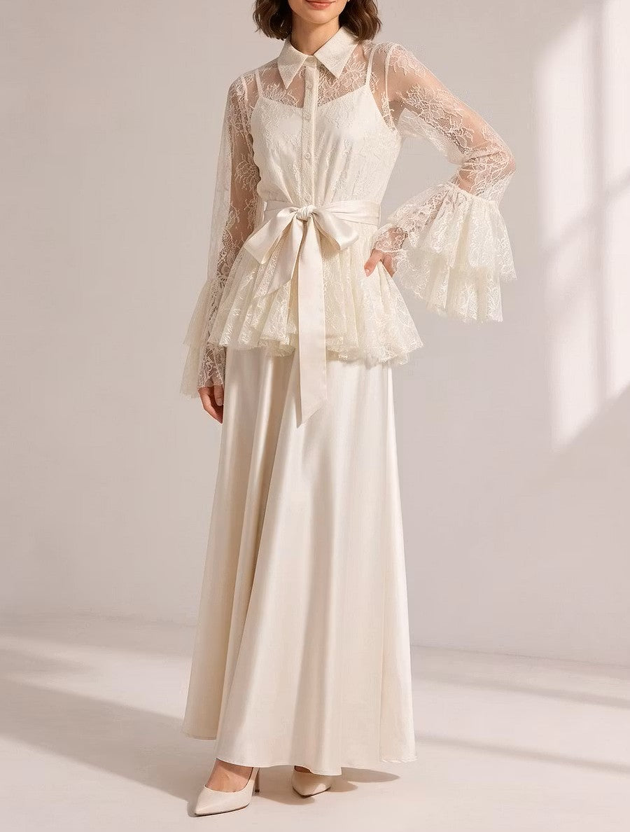 Vintage Lace Satin Three‑Piece Wide Leg Pant Outfit Set