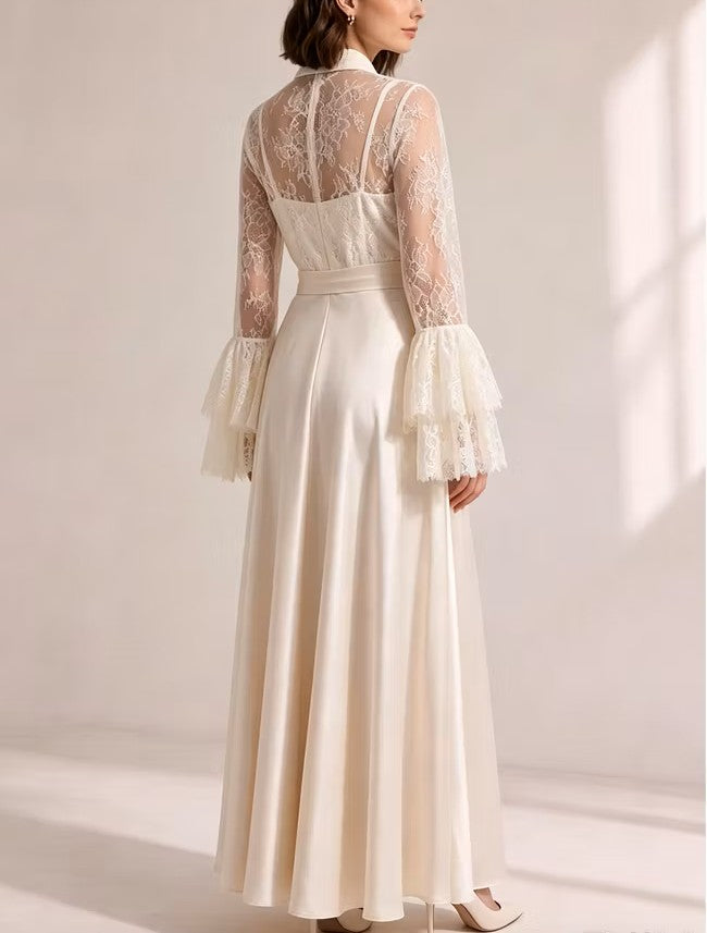 Vintage Lace Satin Three‑Piece Wide Leg Pant Outfit Set