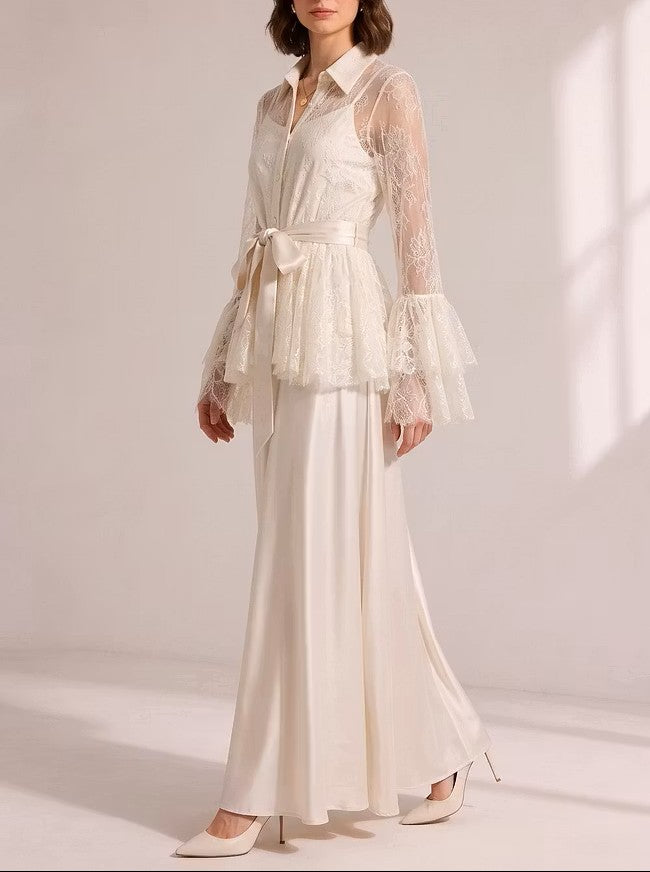 Vintage Lace Satin Three‑Piece Wide Leg Pant Outfit Set