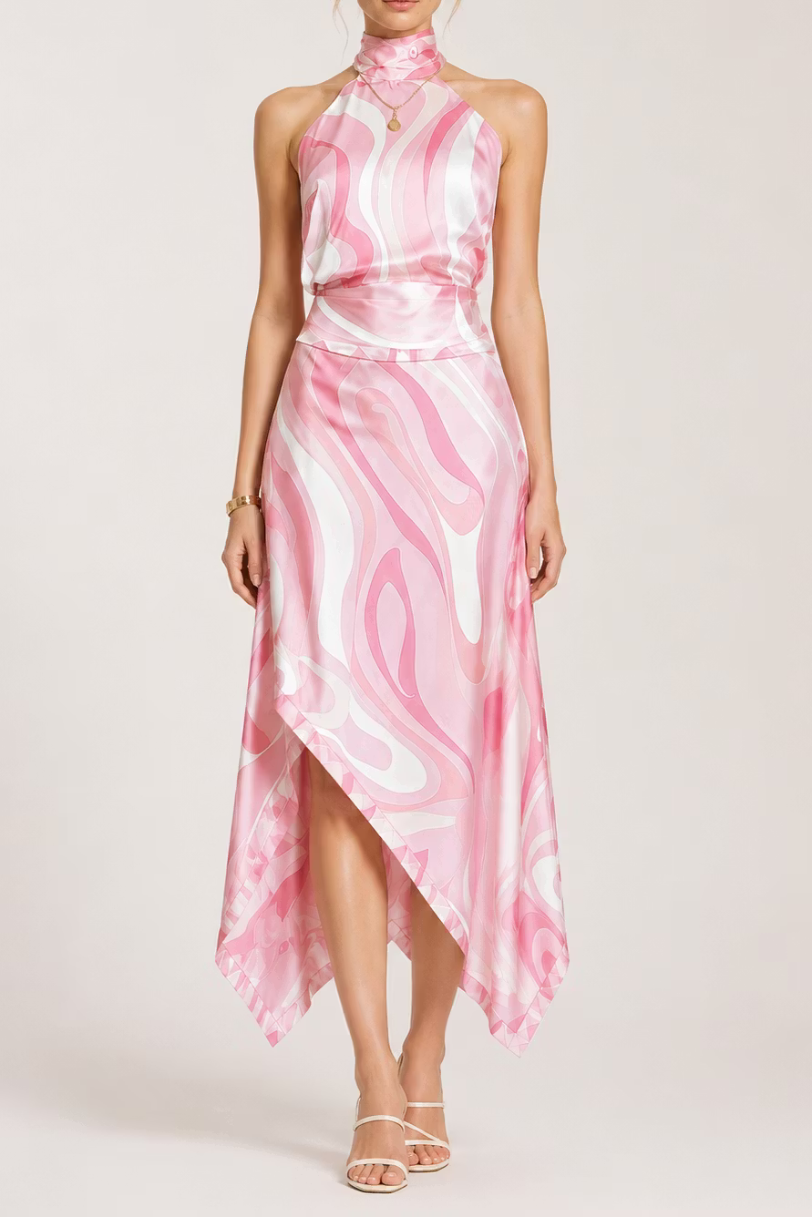 Halter Marble Swirl Print Satin Two‑Piece Midi Skirt Set
