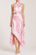 Halter Marble Swirl Print Satin Two‑Piece Midi Skirt Set