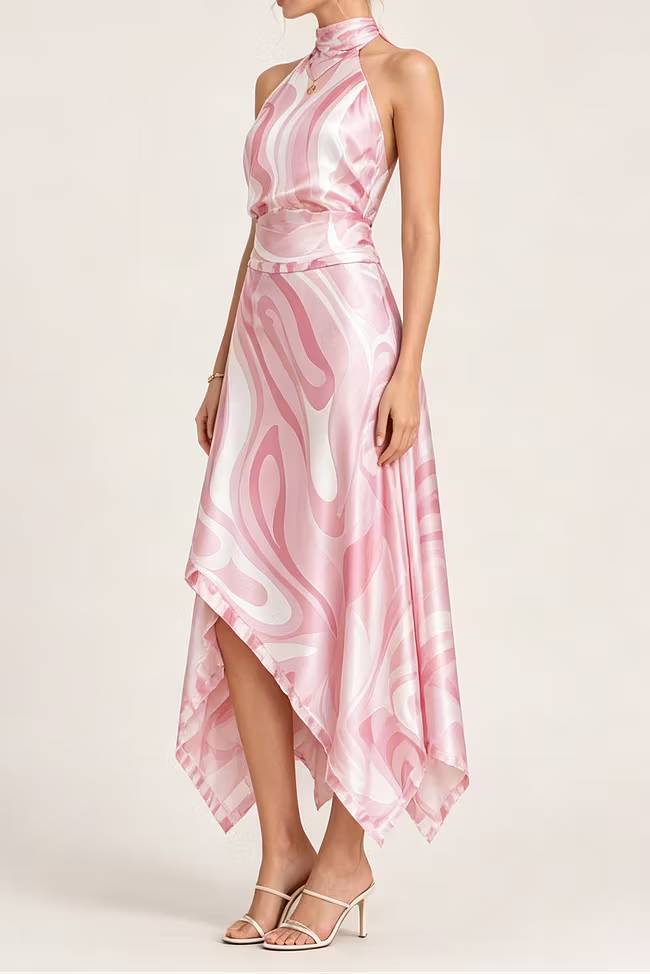 Halter Marble Swirl Print Satin Two‑Piece Midi Skirt Set