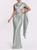 Draped Cape‑Detail Satin Lace‑Up Back Mermaid Evening Gown