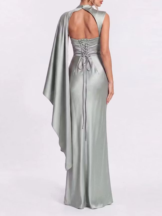 Draped Cape‑Detail Satin Lace‑Up Back Mermaid Evening Gown