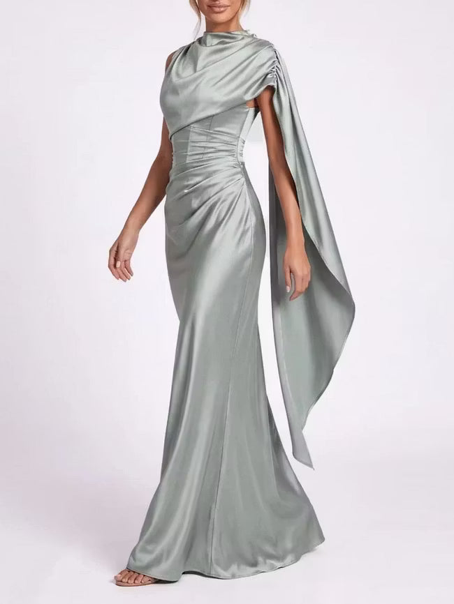 Draped Cape‑Detail Satin Lace‑Up Back Mermaid Evening Gown
